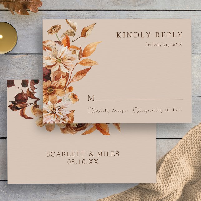 Höst Brun Floral Bröllop OSA Kort (Elegant Autumn Taupe Floral Wedding RSVP Card by Painted Paperie
)