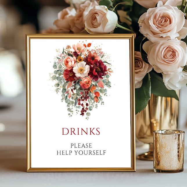 Höst Burgunder Blommor Drycker Bröllops Bordsskiva Poster (Autumn Burgundy Flowers Drinks Wedding Tabletop

)