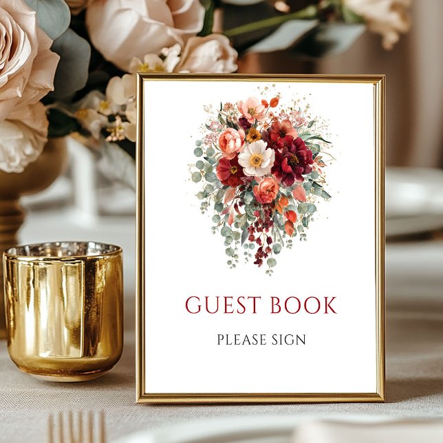 Höst Burgunder Blommor Gästbok Bröllopsskylt Poster (Autumn Burgundy Flowers Guest Book Wedding Sign

)