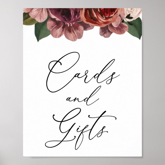 Höst Burgundiska Blommiga Kort och Presentkort Sky Poster (Framsidan)