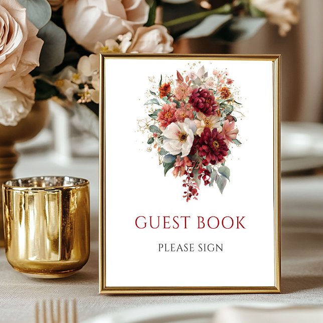 Höst Burgundy Blommig Gästbok Bröllopsbord Poster (Fall Burgundy Floral Guest Book Wedding Tabletop

)