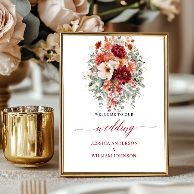Höst Burgundy Blommor 8x10 Grönska Bröllopsskylt Poster (Autumn Burgundy Flowers 8x10 Greenery Wedding Welcome

)