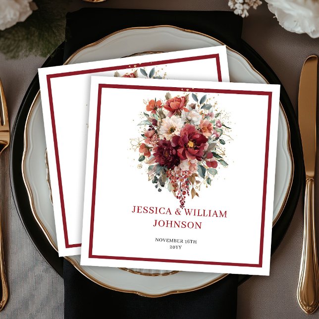 Höst Burgundy Blommor Boho Grönska Bröllop  Pappersservett (Autumn Burgundy Flowers Boho Greenery Wedding Napkins

)