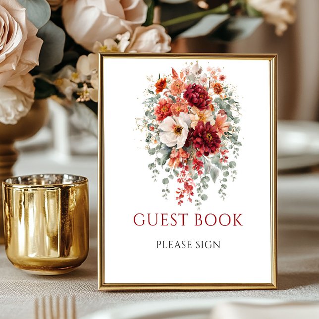 Höst Burgundy Blommor Gästbok Bordsskylt Poster (Autumn Burgundy Flowers Guest Book Tabletop Sign

)