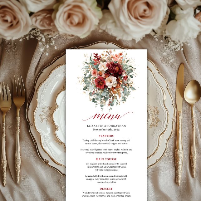Höst Burgundy Guld Eucalyptus Bröllopsmeny Kort  (Autumn Burgundy Gold Eucalyptus Wedding Menu Card Layout

)