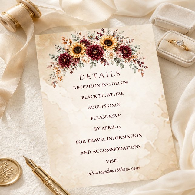 Höst Burgundy Solros Bröllopsdetaljer Tilläggskort (Autumn Burgundy Sunflower Wedding Details Enclosure Card #enclosurecard)