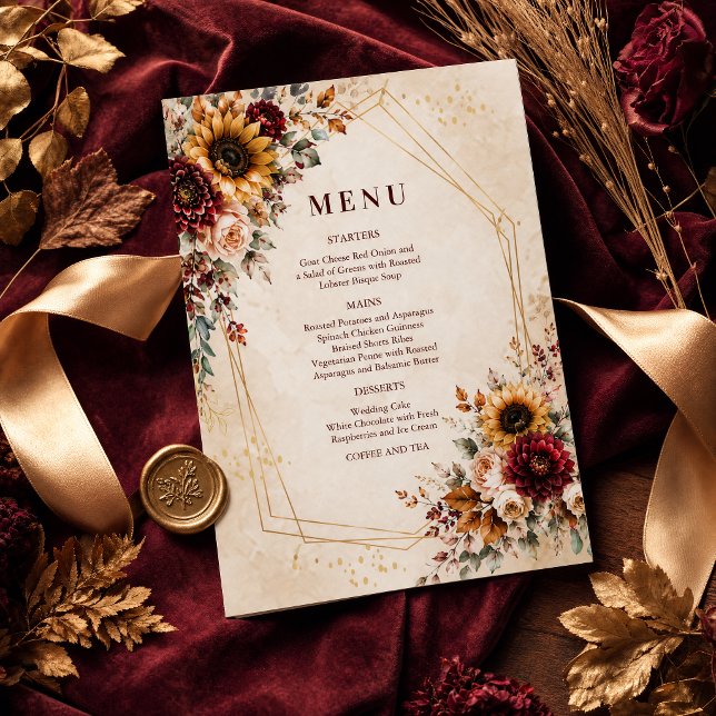 Höst Burgundy Solros Bröllopsmeny Inbjudningar (#weddingmenu #weddinginvitation #autumndinner #sunflowersinvitation #burgundymenu #menuinvitation)