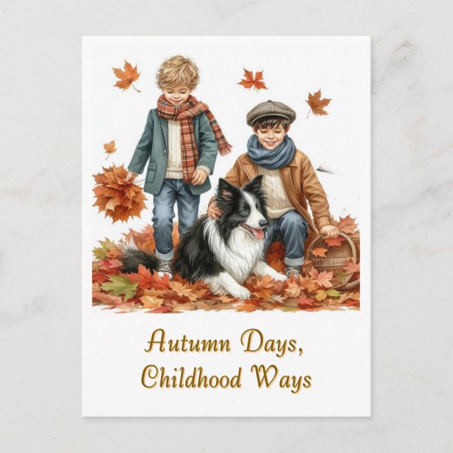 Höst Dagar Barn och Border Collie  Vykort (Framsida)
