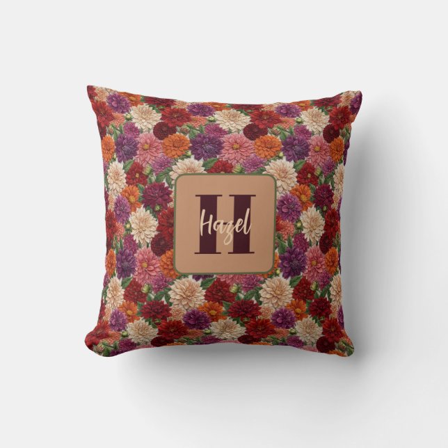 Höst Dahlia Blommig Broderi Monogram Kudde (Framsida)