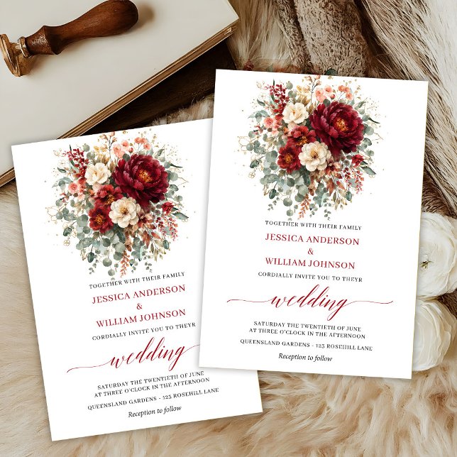 Höst djup röd floral boho eukalyptus bröllop  inbjudningar (Autumn Deep Red Floral Boho Eucalyptus Wedding Invite

)