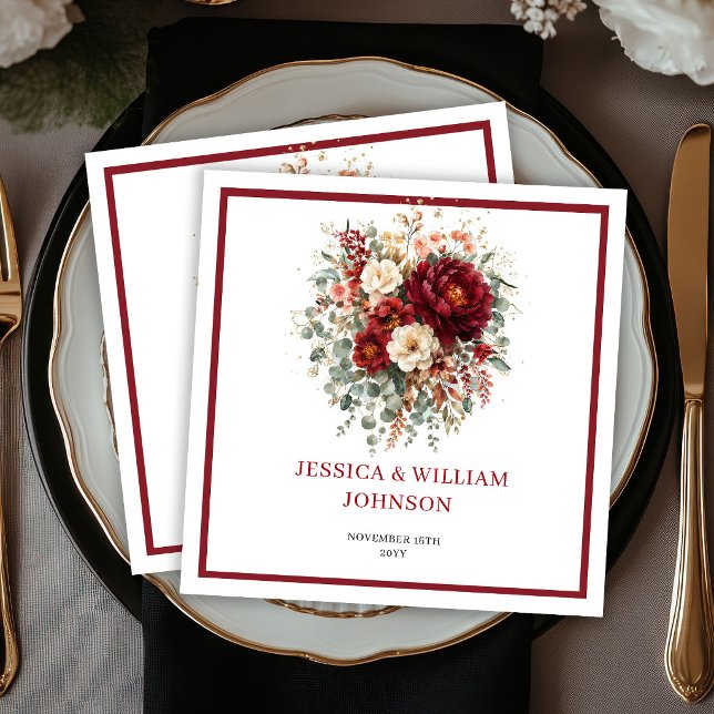 Höst djupröd blomster boho eukalyptus bröllop  pappersservett (Autumn Deep Red Floral Boho Eucalyptus Wedding Napkins

)