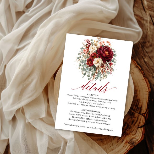 Höst djupröd blomster boho eukalyptus detaljer   tilläggskort (Autumn Deep Red Floral Boho Eucalyptus Details Card

)