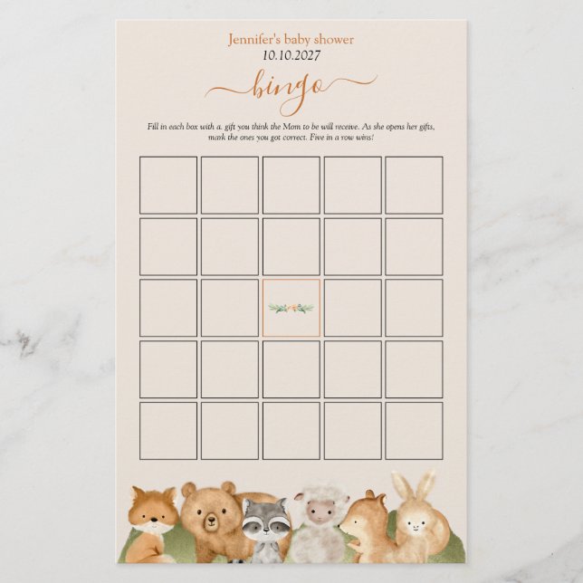 Höst djur Baby Shower Skörden Bingo Spel (Framsida)