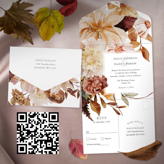 Höst elegance, Fall bröllop (All-in-one Fall wedding invitation with postcard rsvp, Seal and send Floral Autumn wedding invites.
)