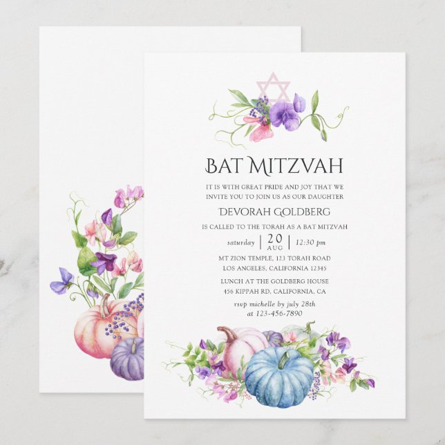 Höst - Fall Blommigt Bat mitzvah Inbjudningar (Fram/baksida)