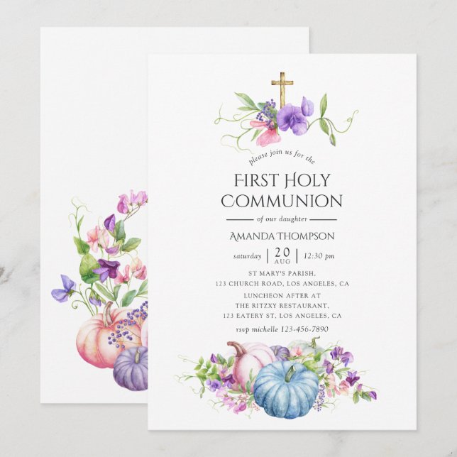 Höst - Fall Blommigt First Heliga Communion Inbjudningar (Fram/baksida)