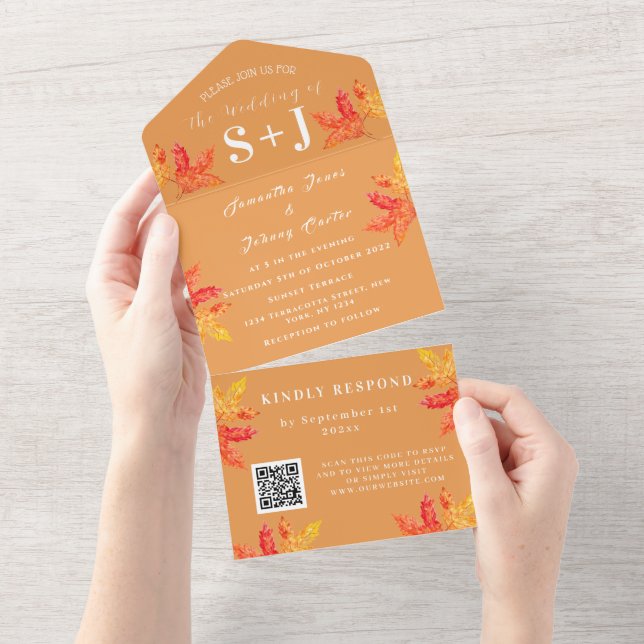 Höst Fall Löv Bränd Orange QR-kod Bröllop RSVP (Avrivbar del)