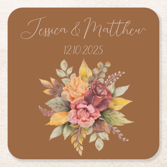Höst Fall Terrakotta Rustik Vattenfärg Bröllop Underlägg Papper Kvadrat (Framsidan)