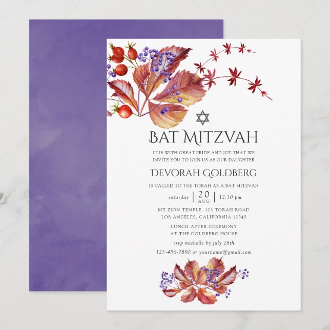 Höst - Fall Watercolor Leaves Bat Mitzvah Inbjudningar (Fram/baksida)