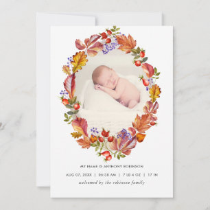 Höst - Fall Watercolor Lövs Birth Notice Meddelande