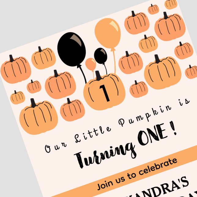Höst Fallande Pumpa Ett Halloween 1-års födelsedag Inbjudningar (Halloween 1st birthday Invitation-fall-pumpkin-turning-one-white-1)