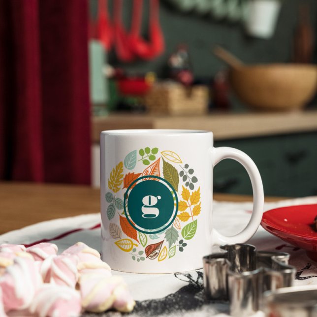 Höst färger Blad Circle, Anpassningsbar Monogram Mugg (Skapare uppladdad)