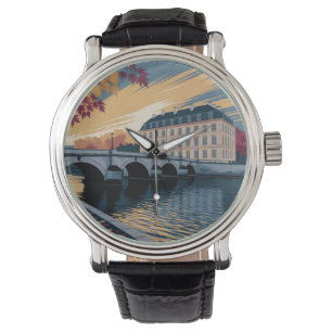 Höst Flodstrand Europeisk Stad Illustration Konst Armbandsur