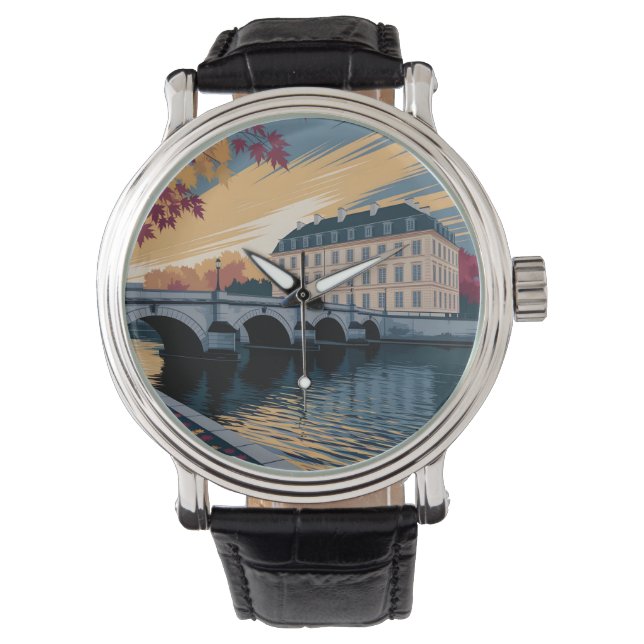 Höst Flodstrand Europeisk Stad Illustration Konst Armbandsur (Framsida)