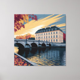 Höst Flodstrand Europeisk Stad Illustration Konst Canvastryck