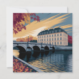 Höst Flodstrand Europeisk Stad Illustration Konst Julkort