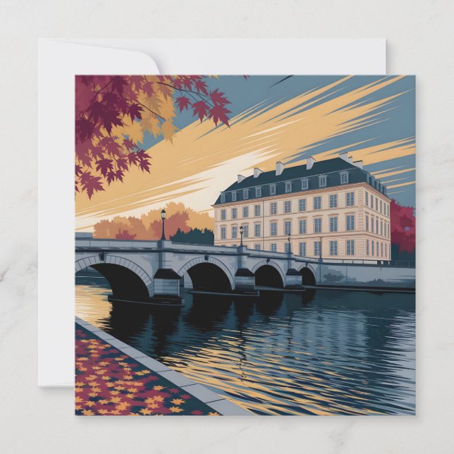 Höst Flodstrand Europeisk Stad Illustration Konst Julkort (Framsida)