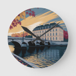 Höst Flodstrand Europeisk Stad Illustration Konst Rund Klocka