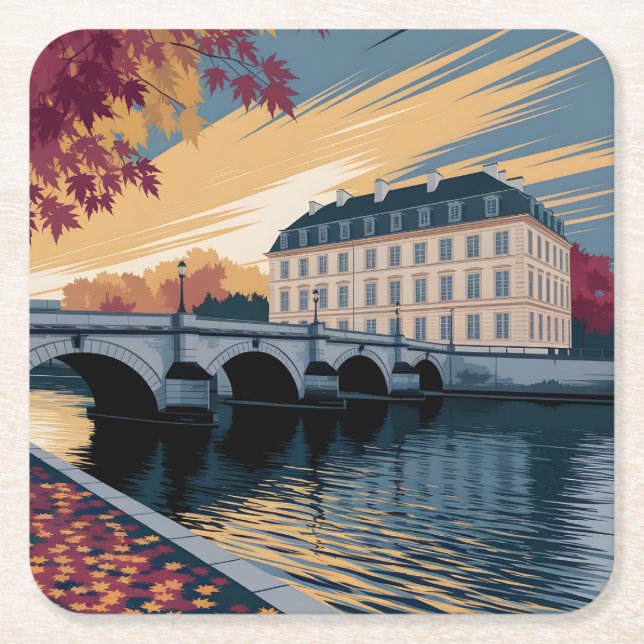 Höst Flodstrand Europeisk Stad Illustration Konst Underlägg Papper Kvadrat (Framsidan)