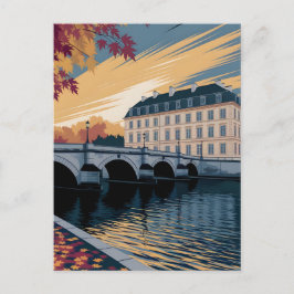 Höst Flodstrand Europeisk Stad Illustration Konst Vykort