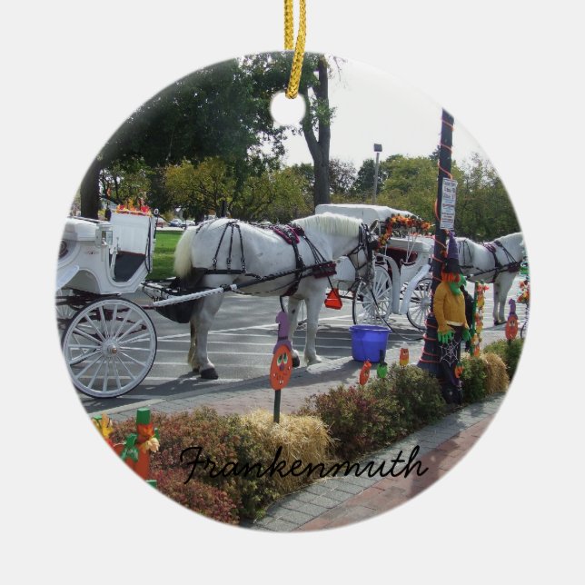 Höst för vagn för Frankenmuth Michigan vithäst Julgransprydnad Keramik (Framsidan)