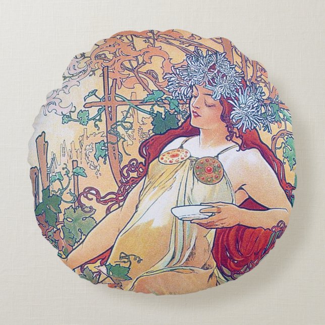 Höst (Fyra Årstider), Alphonse Mucha Kuddcoverte Rund Kudde (Framsidan)