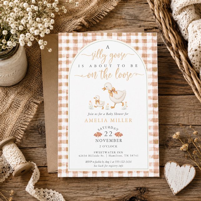 Höst Gingham Dumma Gås på Löss Babyfirande Inbjudningar (Fall Gingham Silly Goose on the Loose Baby Shower Invitation)