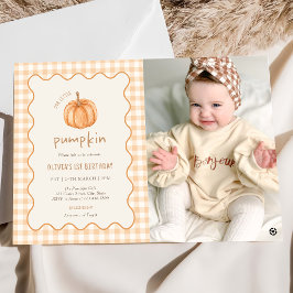 Höst Gingham Liten Pumpa Födelsedagsfoto Inbjudningar