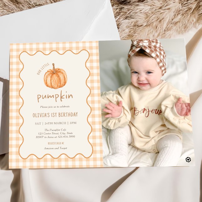 Höst Gingham Liten Pumpa Födelsedagsfoto Inbjudningar (Skapare uppladdad)
