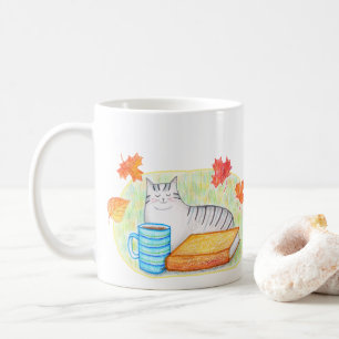 Höst Grått Cat med Bok och kaffe Cat Lover Kaffemugg
