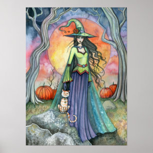 Höst Halloween Häxa Katt Konst Postertryck Poster