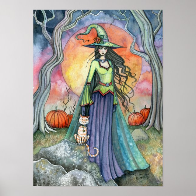 Höst Halloween Häxa Katt Konst Postertryck Poster (Framsidan)
