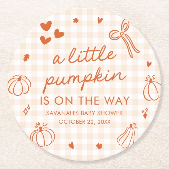 Höst Handritad Baby Shower med Liten Pumpa Underlägg Papper Rund (Framsidan)