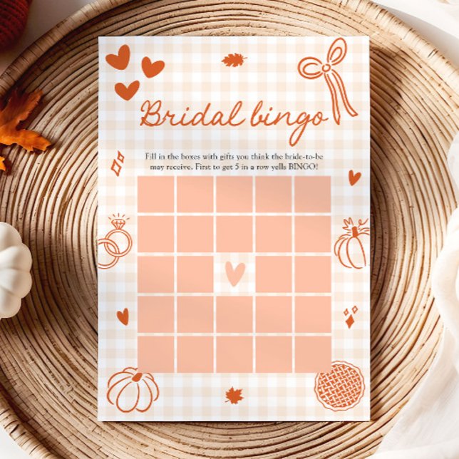 Höst Handritad Orange Gingham Bröllop Bingo Spel Inbjudningar (Fall Hand Drawn Orange Gingham Bridal Bingo Game)