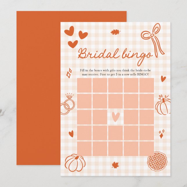 Höst Handritad Orange Gingham Bröllop Bingo Spel Inbjudningar (Fram/baksida)