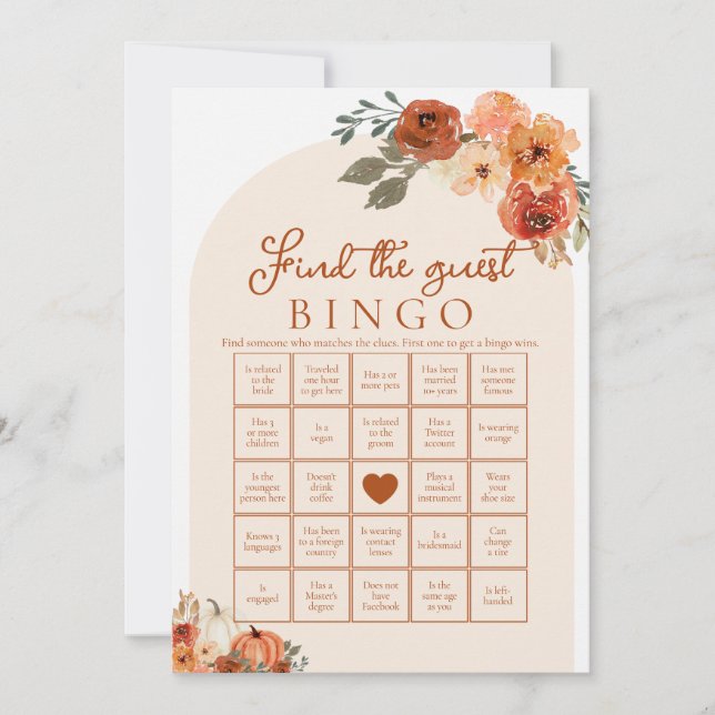 Höst hitta gäst bröllopsdusch Bingo spel Inbjudningar (Framsida)