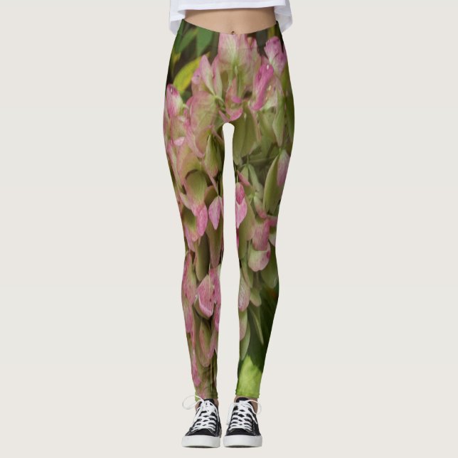 Höst Hortensia Blommar med Gyllene Hosta Blad Leggings (Framsida)