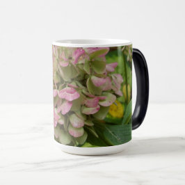 Höst Hortensia Blommar med Gyllene Hosta Blad Magisk Mugg