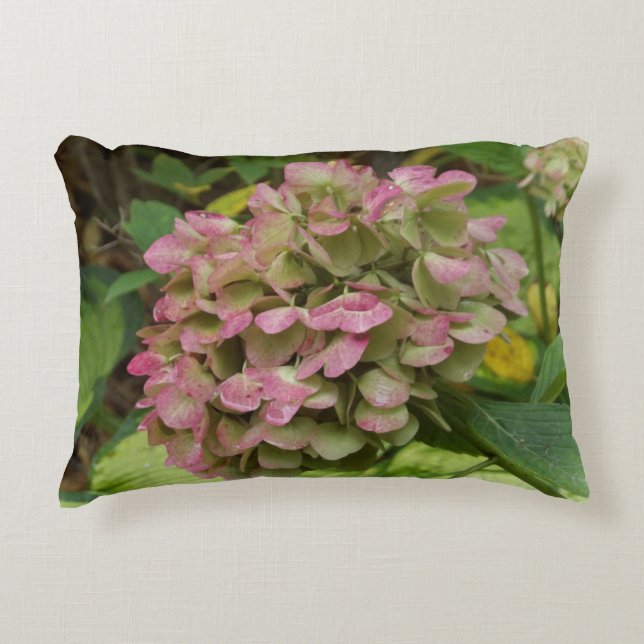 Höst Hortensia Blommar med Gyllene Hosta Blad Prydnadskudde (Framsidan)