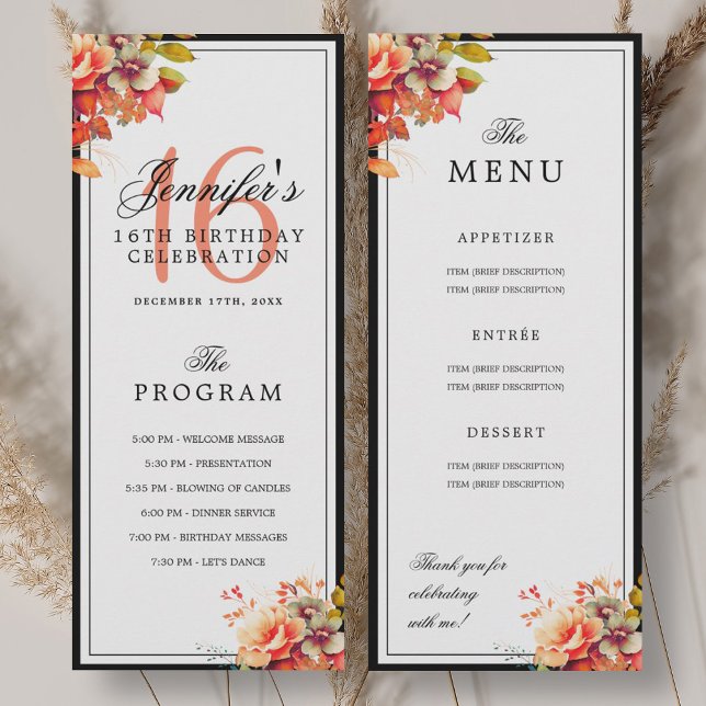 Höst höst blommande 16-årsdag Program Meny (Autumn Fall Floral 16th Birthday Program Menu )
